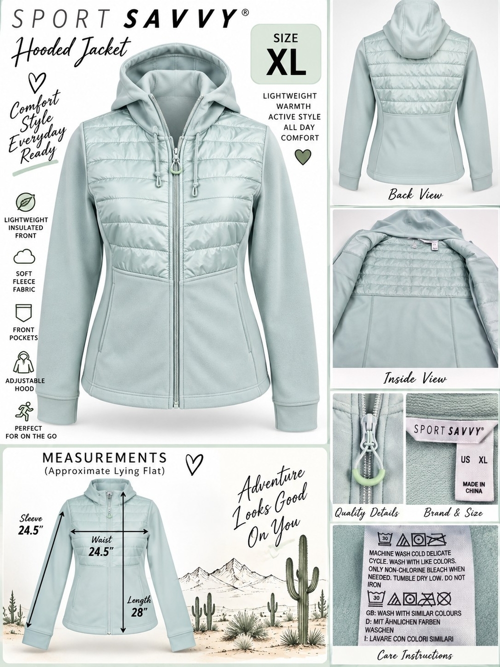Sport Savvy® Women’s XL Hooded Quilted Jacket – Soft Mint